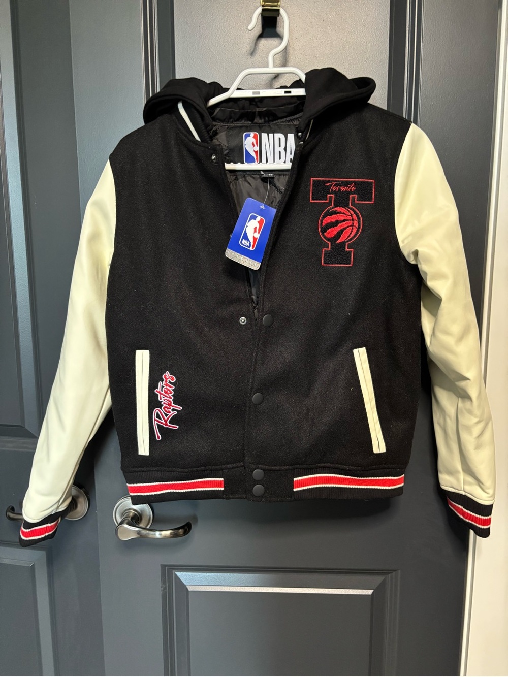 NBA Toronto Raptors Black and Cream Hooded Varsity Jacket